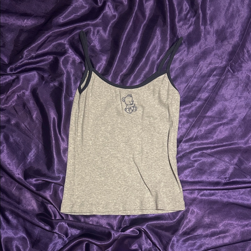 Brandy Melville Heather Gray Cami with Navy Trim and Teddy Embroidery
